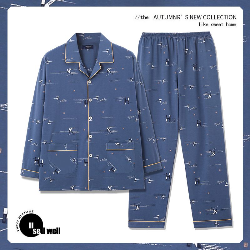 Pyjamas For Menn I Bomull Cardigan Med Lange Ermer Med Trykt Loungewear