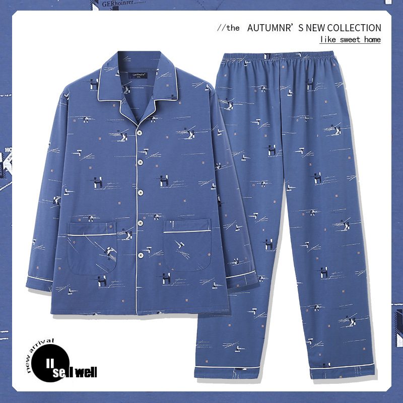 Pyjamas For Menn I Bomull Cardigan Med Lange Ermer Med Trykt Loungewear