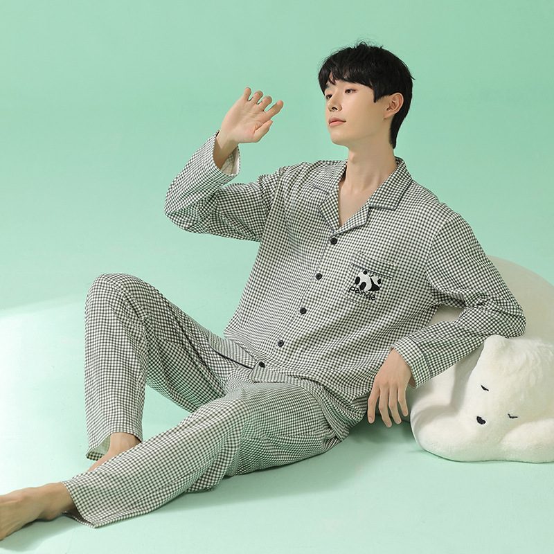 Pyjamas For Menn Med Lange Ermer Tynn Bomullspanda Loungewear