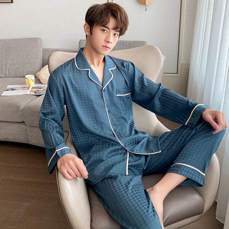 Pyjamas For Menn Med Lange Ermer Med Tynn Seksjon Jacquard Houndstooth Hjemmeklær