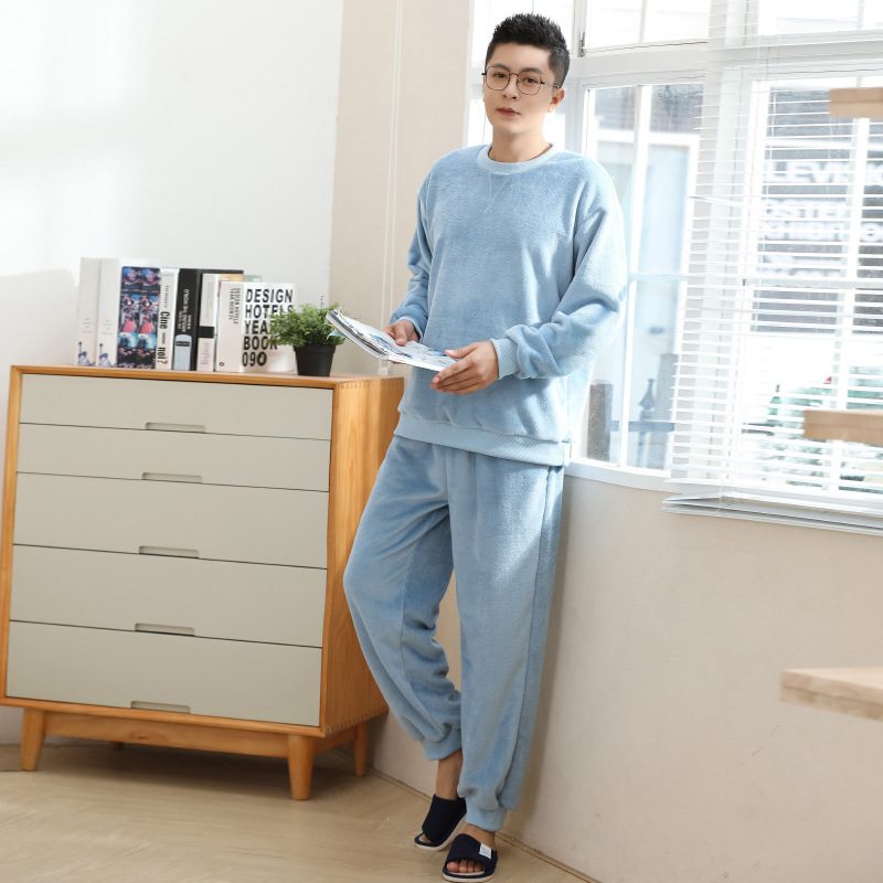 Rund Hals Flanell Pyjamas Tykk Varm Ensfarget Hjemmeklær For Menn