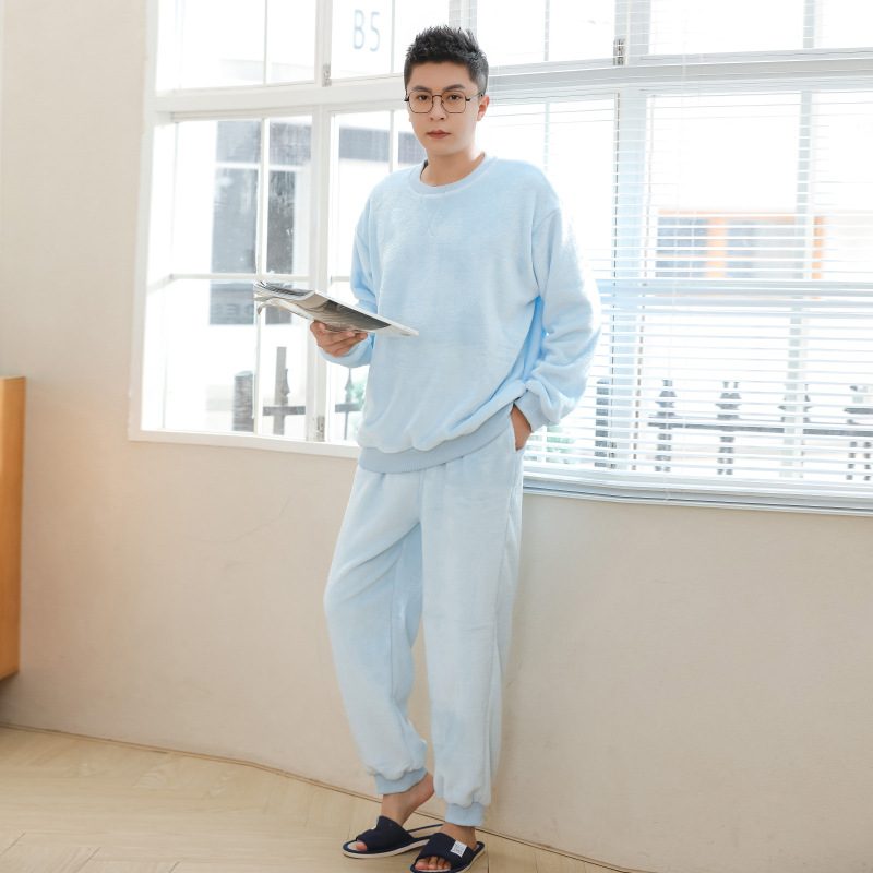 Rund Hals Flanell Pyjamas Tykk Varm Ensfarget Hjemmeklær For Menn