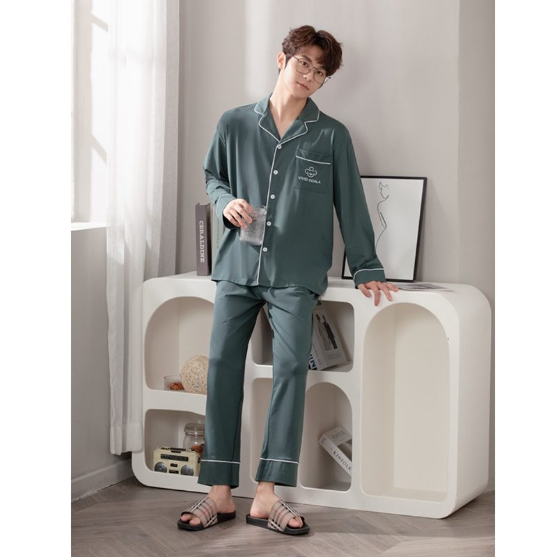Temperament Menns Pyjamas Cardigan Lange Ermer Komfortabelt Sett Hjemmeklær