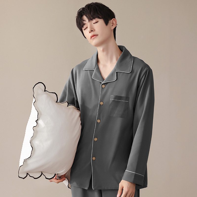 Uformelt Bomullspyjamassett For Menn Lapel Homewear