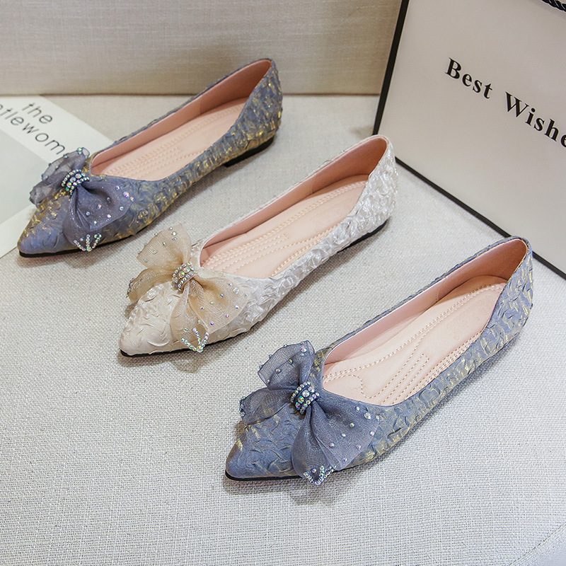 2024 Spring Bowknot Flat Bunn Spiss Tå Damesko Myk Såle Komfortabel Doudou Sko Stor Størrelse 41-43 Sko Dame