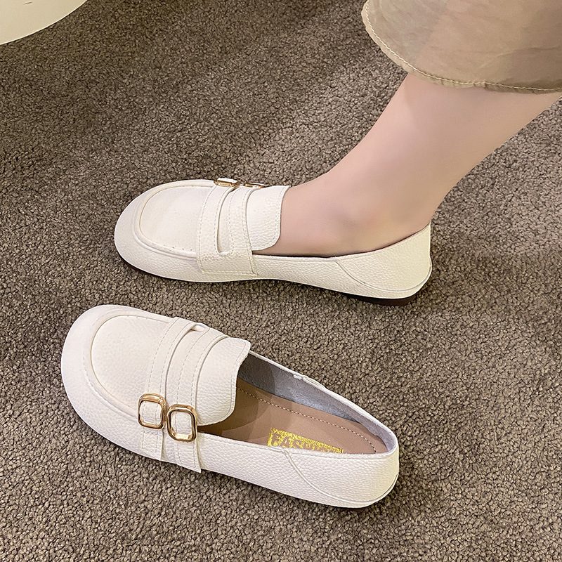 Flate Kvinners Sko Vår Og Høst Nye Retro Erter Sko Myk Bunn Slip-on Ren Farge Rund Tå Sko Kvinner