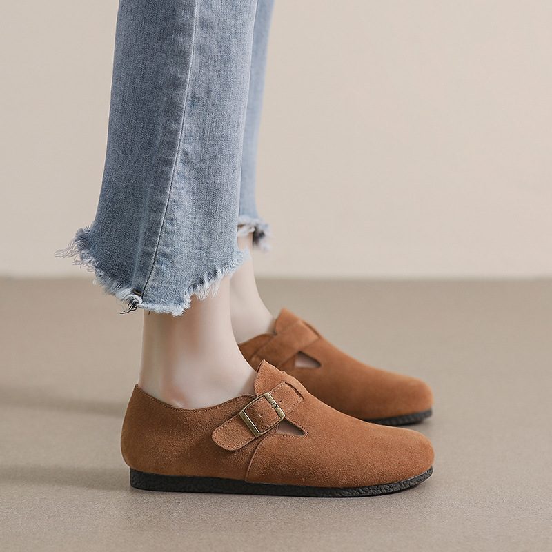 Flate Sko Dame 2024 Nye Vår Og Høst Retro Pull-on Erter Sko Ekte Skinn Rund Tå Myk Bunn Borken Sko