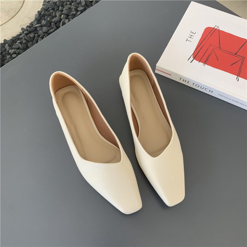 Spring New Retro Square Toe Flat Shoes Dame Komfortable Shallow Mouth Myk Bunn Peas Sko