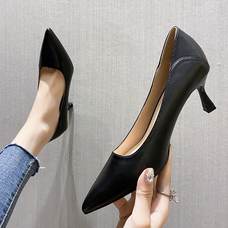 Svarte Profesjonelle Spisse Høyhælte Sko For Dame Stiletto Mykt Skinn 41-43 Store Flate Sko