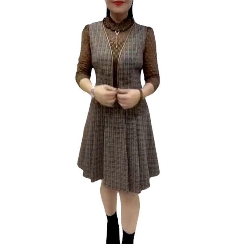 2024 Motevest Falsk Todelt Kjole Dame Mellomlang Plaid