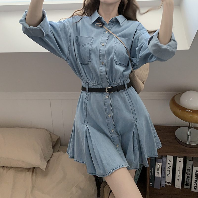 Denim Skjortekjole Kvinner Retro Midje Plissert