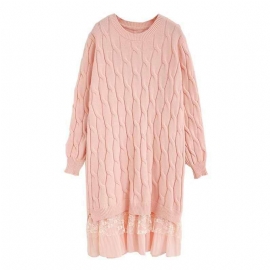 Kvinners Mellomlange Blondekantkjole Ensfarget Twist Pullover Strikket Genser