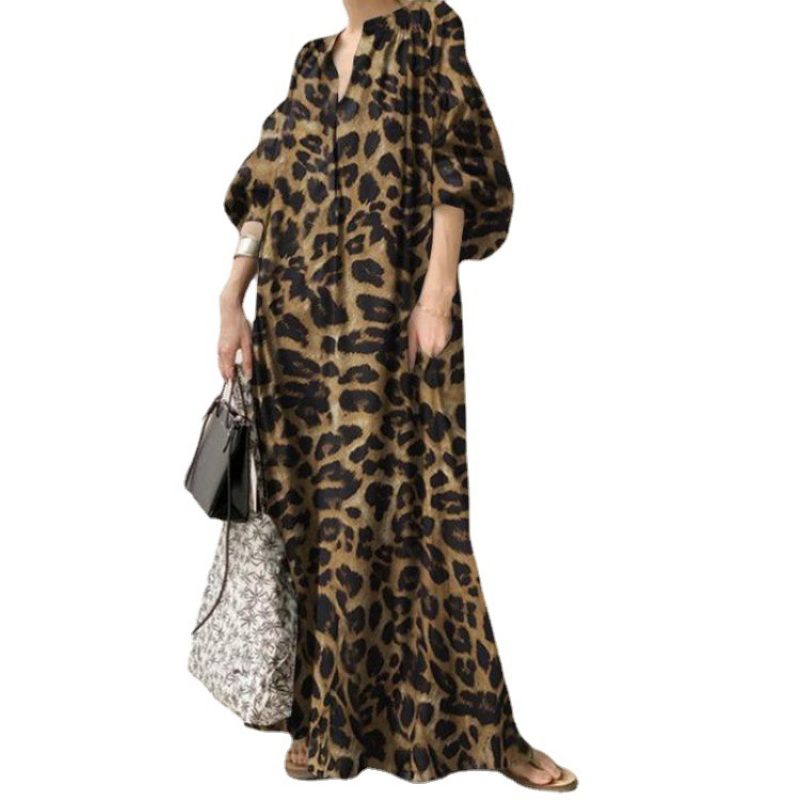 Leopard Print Skjortekjole Stativ Krage Puff Sleeve Mote Løs Casual
