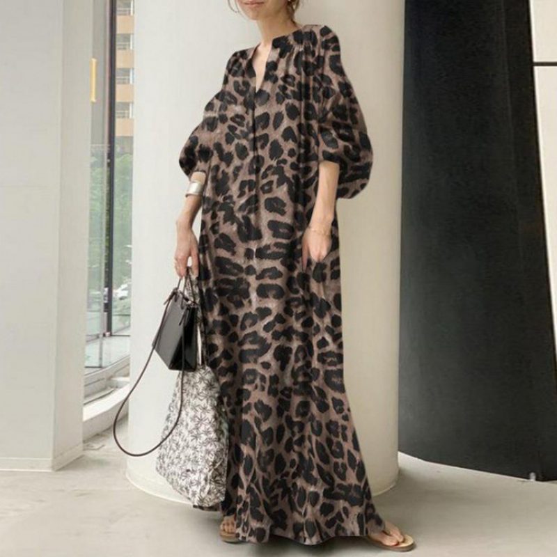 Leopard Print Skjortekjole Stativ Krage Puff Sleeve Mote Løs Casual