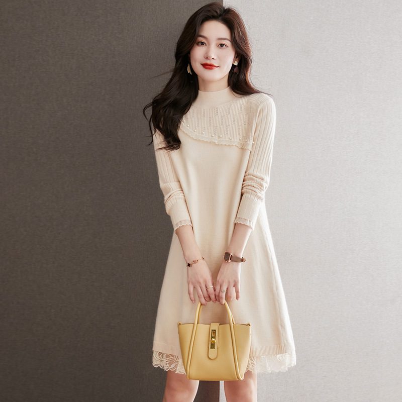 Perlestrikket Kjole 2024 Temperament Elegant Blonder Spleising Solid Farge