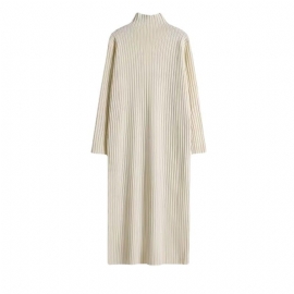 Strikket Bunnkjole For Kvinner 2024. Lang Elegant Genser Med Halv Turtleneck