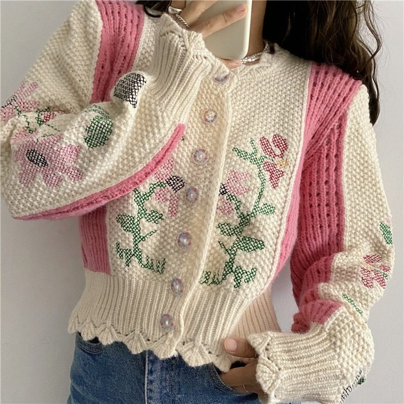 2024 Genserjakke For Kvinner Kort Slim Fit Fargematchende Blomster Strikkede Cardiganoverdeler