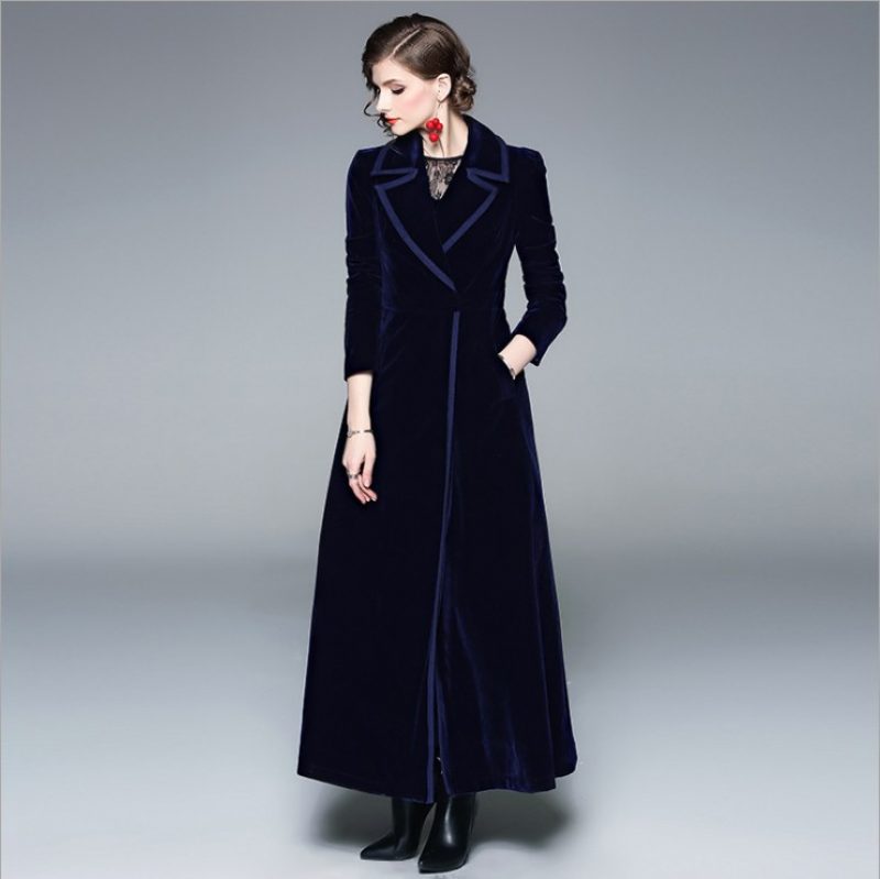 2024 Dame Lang Kjole Frakk Langermet Lapel Collar Trench Coat