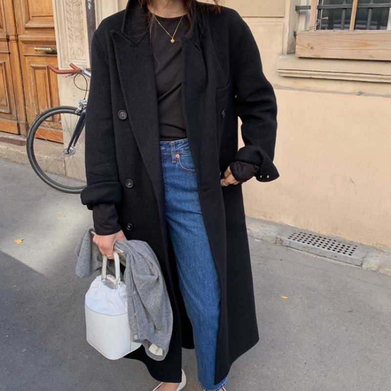 2024 Double Breasted Wool Coat Dame Løs