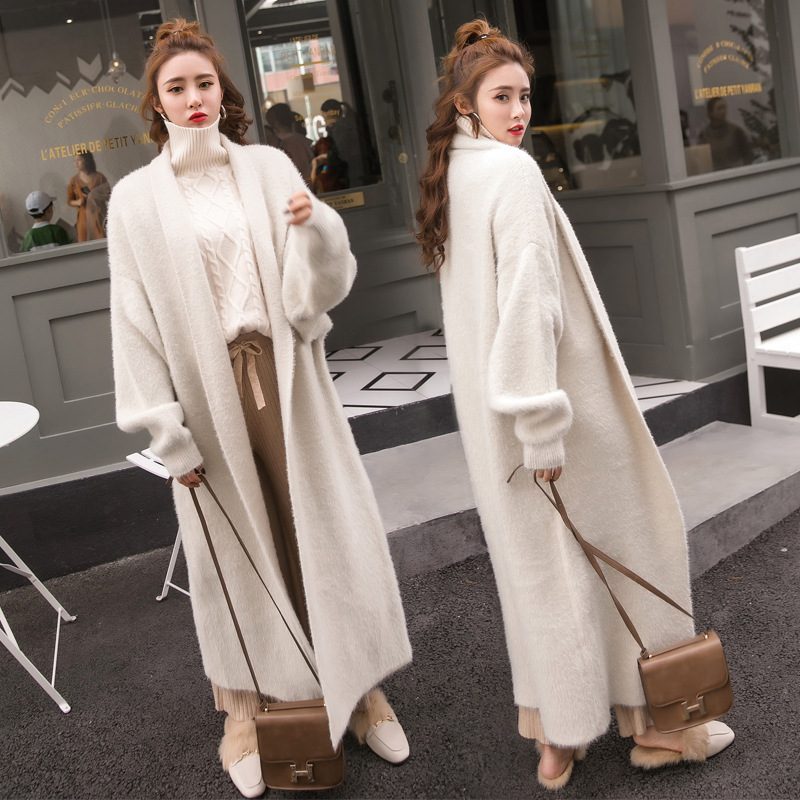 Temperament Strikket Cardigan Tykk Genser Dame Løs Frakk Middels Lengde