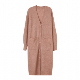 V-hals Løs Genser Knapp Cardigan Dame 2024 Pocket Extended Jacket