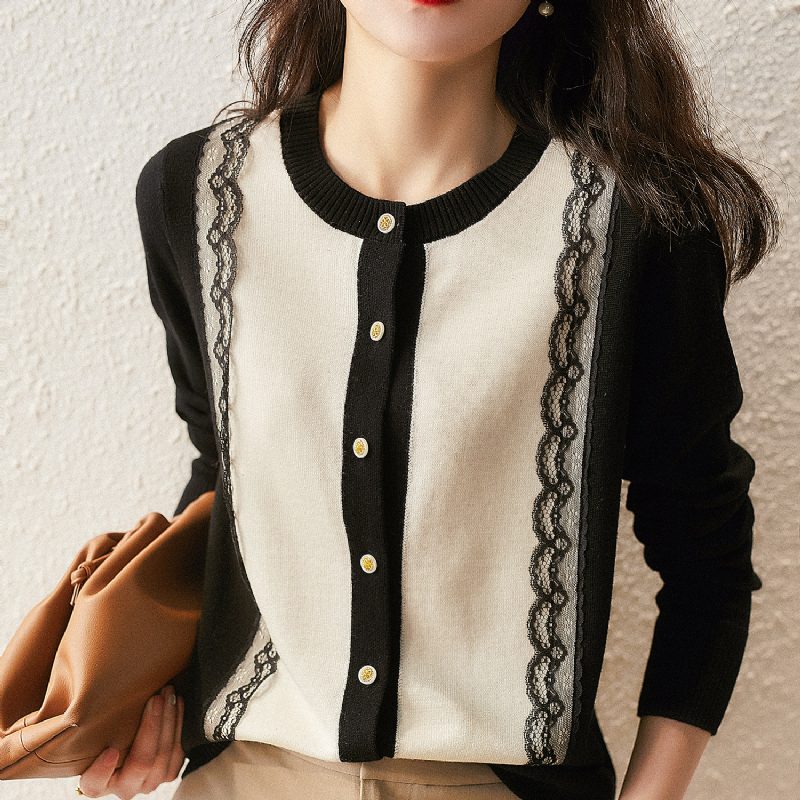 Dame 2024 Vår Nye Genser Med Lange Ermer Topp Blondesøm Pyntet Rund Hals Strikket Cardigan