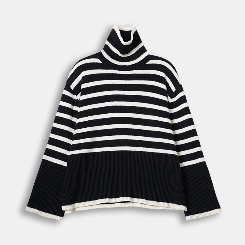 Dame Stripet Turtleneck Ull Strikk Lazy Profile Tykk Nordisk Genser