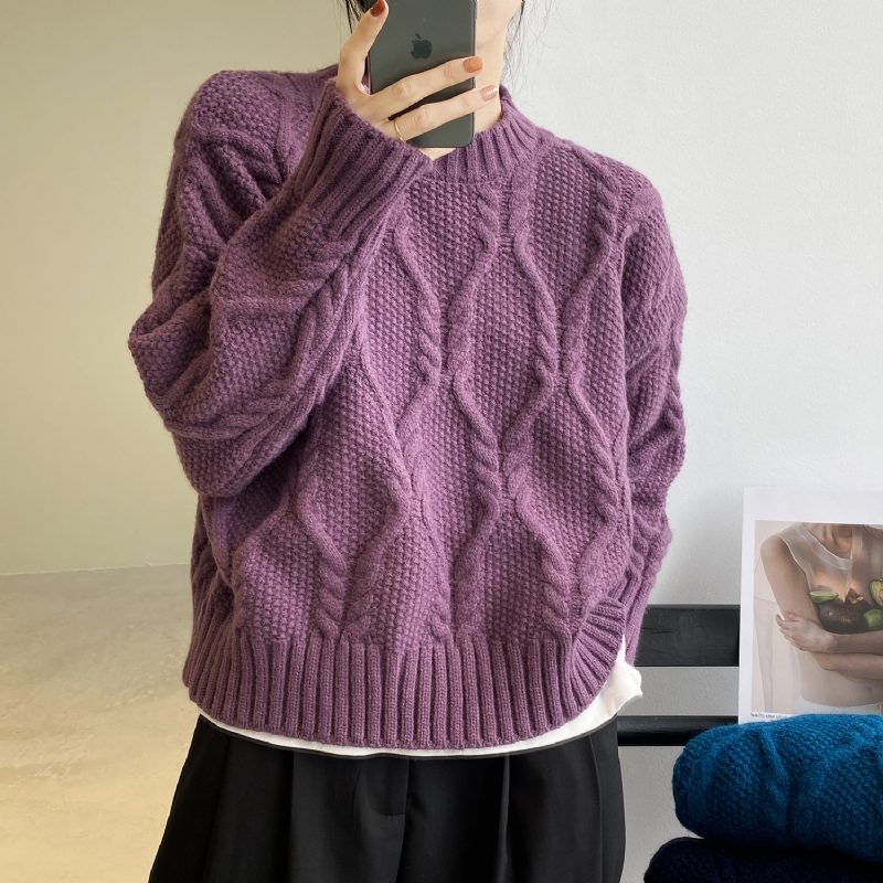 Elegant Og God Tekstur Twist Høne Han Har En Smak Løs Genser Med Rund Hals For Kvinner