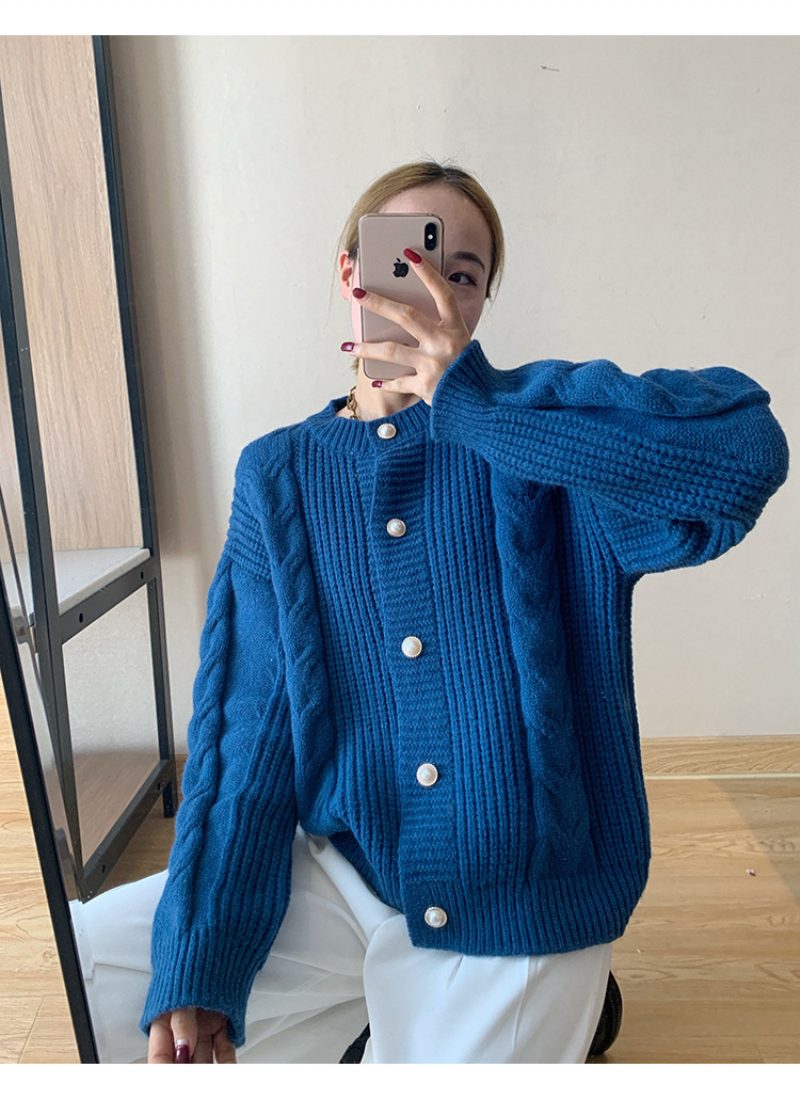 Genser Kvinner 2024 Høst Ny Casual Rund Hals Vri Løs Perleknapp Strikket Cardigan Topp
