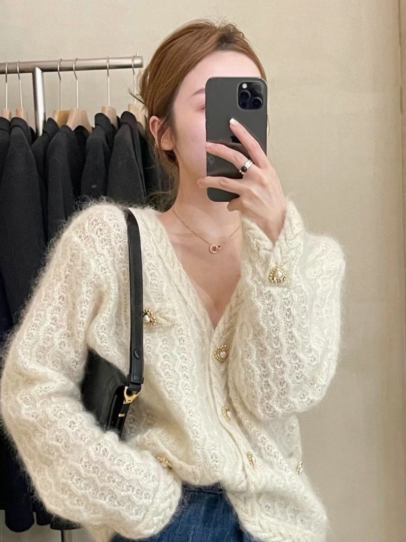 Langermet Genser Frakk Med Hul Perleknapp Dame Høst Lat Løs Strikket Cardigan Topp