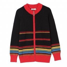 Retro Stående Krage Langermet Stripet Strikket Cardigan Dame Vårny Genser Kåpe Kvinner