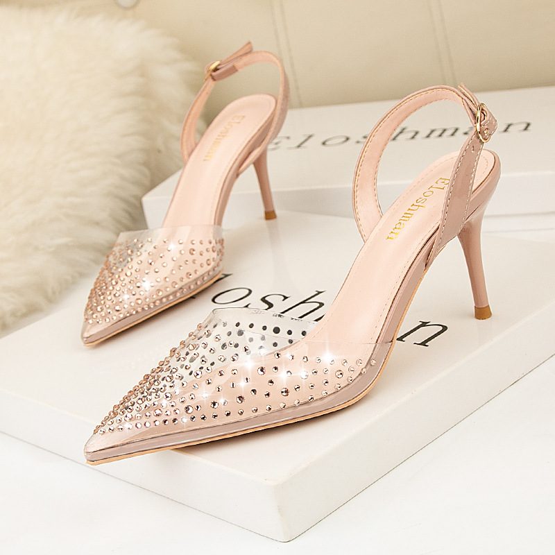 899-26 Spiss Tå Pumpe Høye Hæler Gjennomsiktig Rhinestone Motesandaler Stiletto Hule Damesko