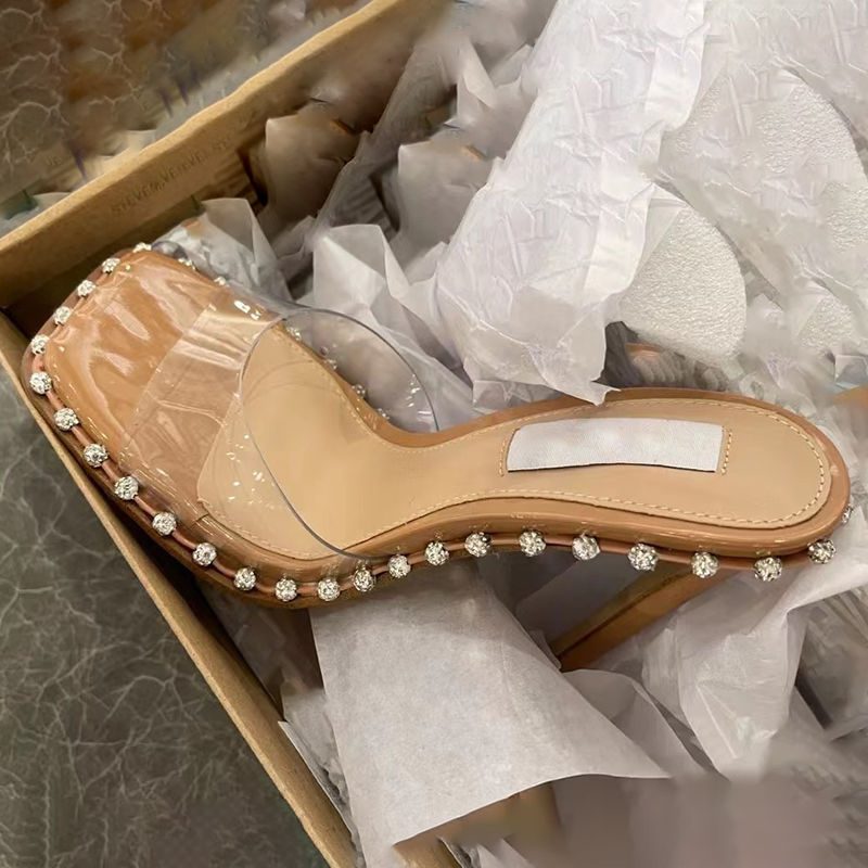 Gjennomsiktige Sandaler Tøfler Dame 2024 Sommer Ny Sexy One Word Belte Høye Hæler Stilett Temperament Rhinestone