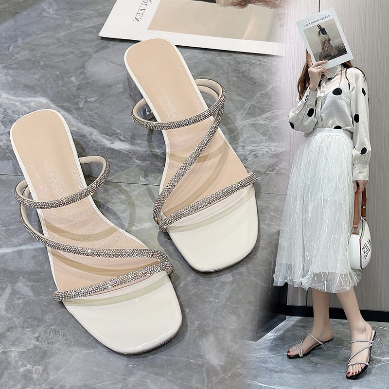 Høyhælte Sandaler Tøfler Kvinner Sommer Ny Mote Rhinestone Mellomhæl Motetøfler