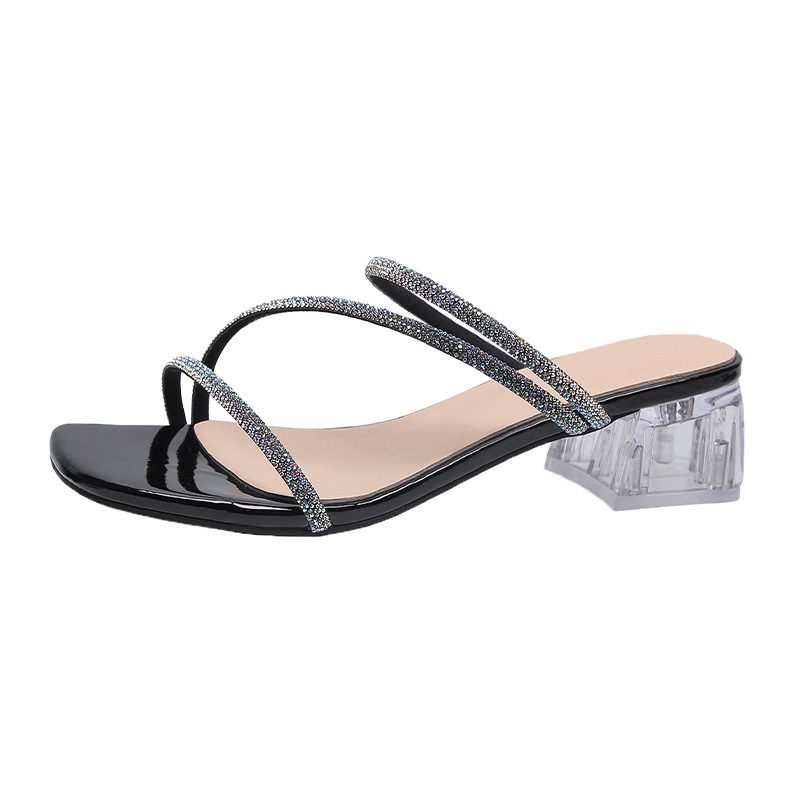 Høyhælte Sandaler Tøfler Kvinner Sommer Ny Mote Rhinestone Mellomhæl Motetøfler