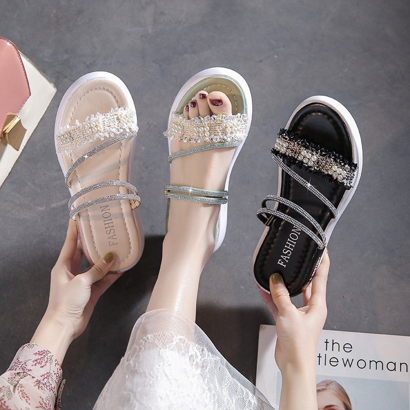 Rhinestone Sandaler Kvinners Flate Sko Sommer Ny Student Perle Romerske Tøfler Sko Tidevann