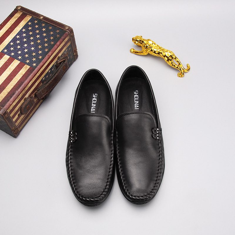 2024 Nye Ekte Lær Menn Erter Sko Flat Fritidskjole Sko Slip-on Herresko