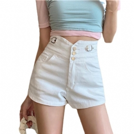 2024 Våren Og Sommeren Nye Denimshorts Med Høy Midje Med Knapper For Kvinner Brede Benbukser Slim-fit Elastiske A-linje Hotpants