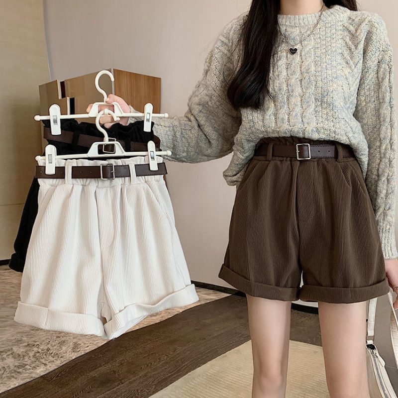 Corduroy Shorts Med Brede Ben Høy Midje Dame