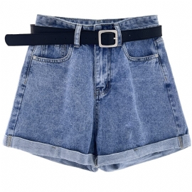 Dame Shorts Med Brede Ben Tynn Høy Midje Denim