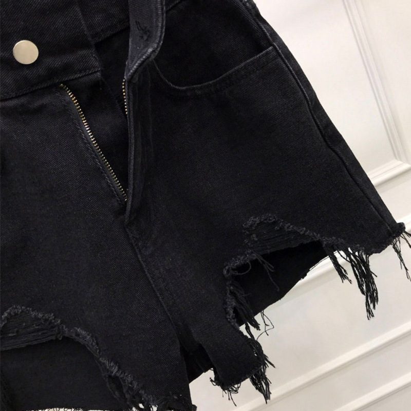 Denimshorts For Kvinner Høy Midje Høy Tynn Ødelagt Hull Ensfarget