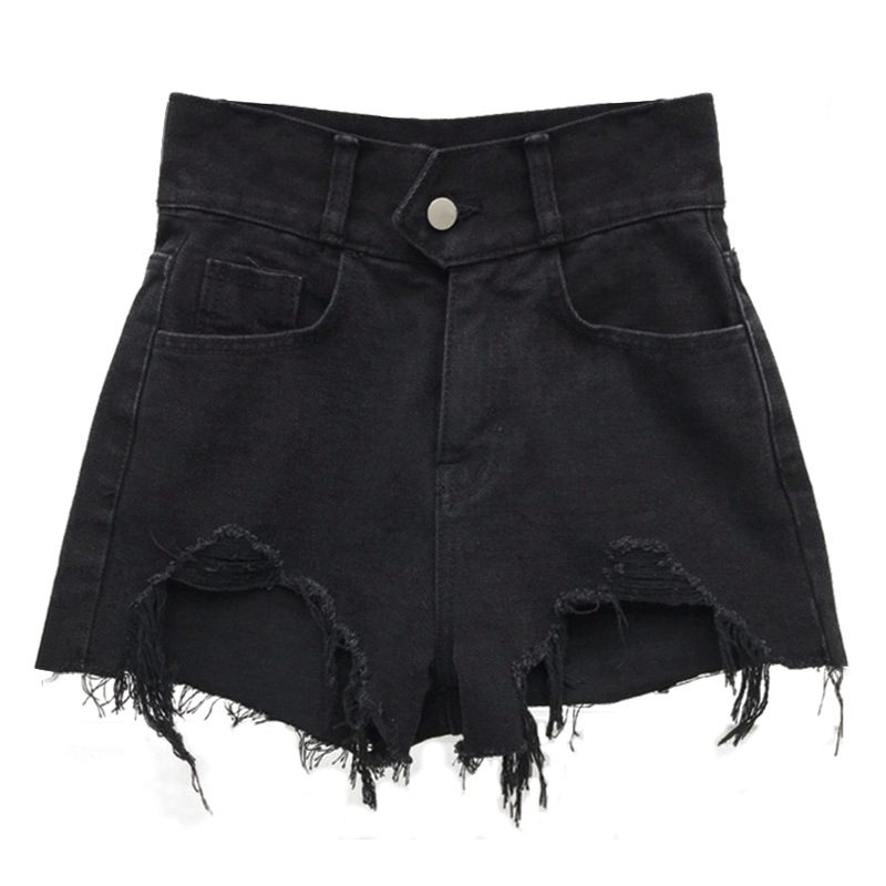 Denimshorts For Kvinner Høy Midje Høy Tynn Ødelagt Hull Ensfarget