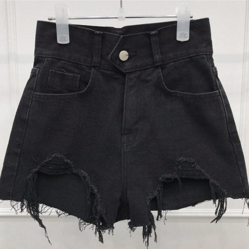 Denimshorts For Kvinner Høy Midje Høy Tynn Ødelagt Hull Ensfarget