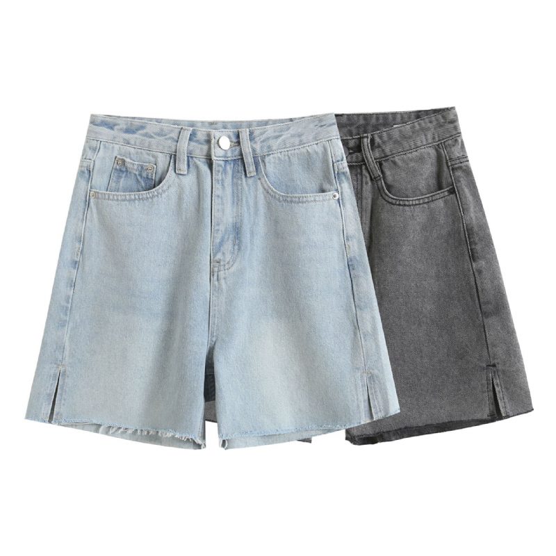 Denimshorts Med Brede Ben Damesidespalte Råkant Høy Midje