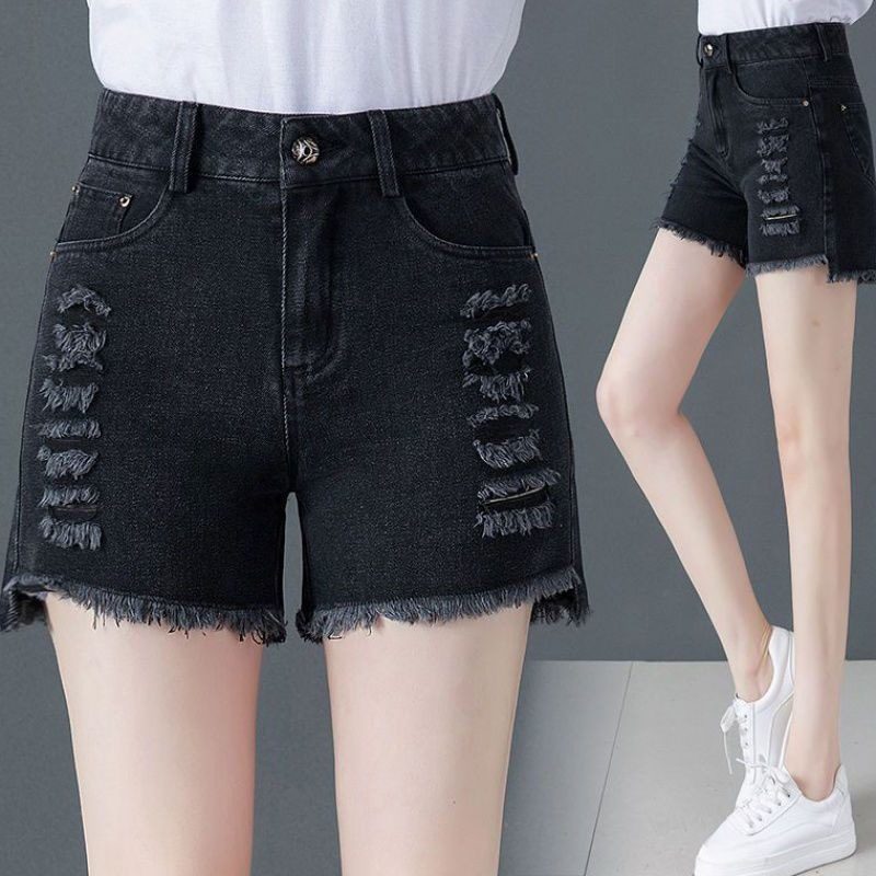 Svart Denimshorts Med Høy Midje Løs Uformell Revet Tynn Del