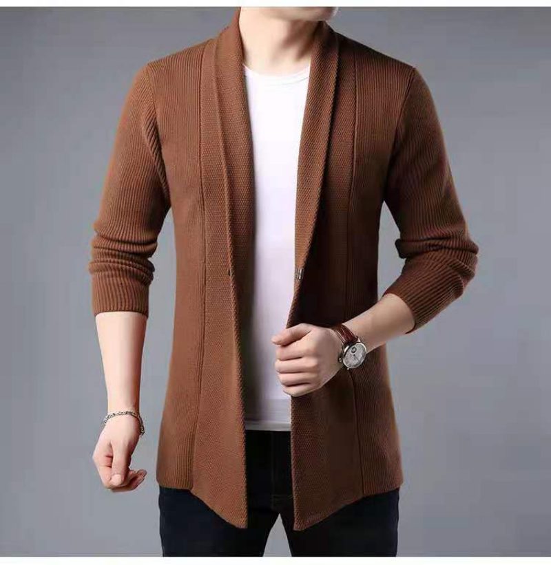 Ensfarget Cardigan Genser Herre Fritidsgenser Lange Ermer Lang Kjekk Jakke