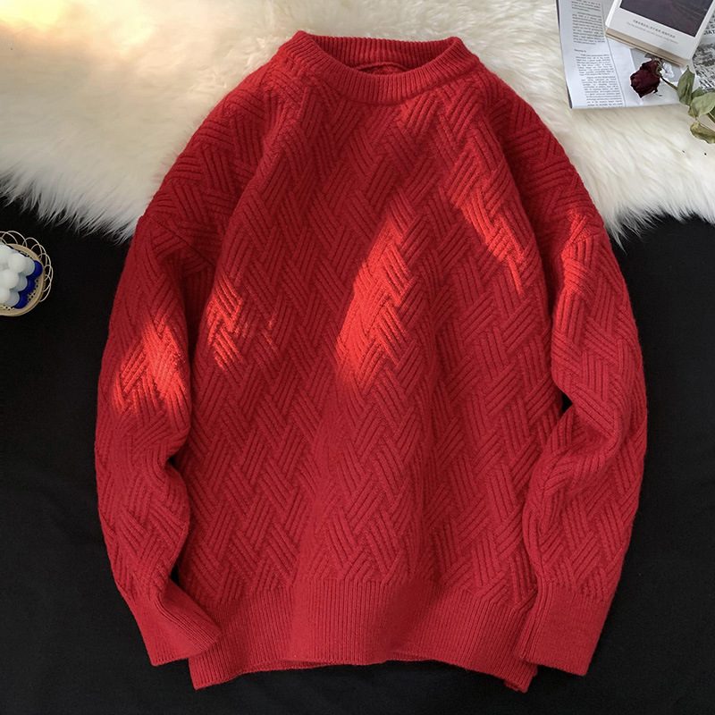 Ensfarget Rund Hals Genser Herre Løs Retro Trend Diamant Rutenett