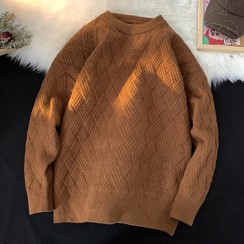 Ensfarget Rund Hals Genser Herre Løs Retro Trend Diamant Rutenett