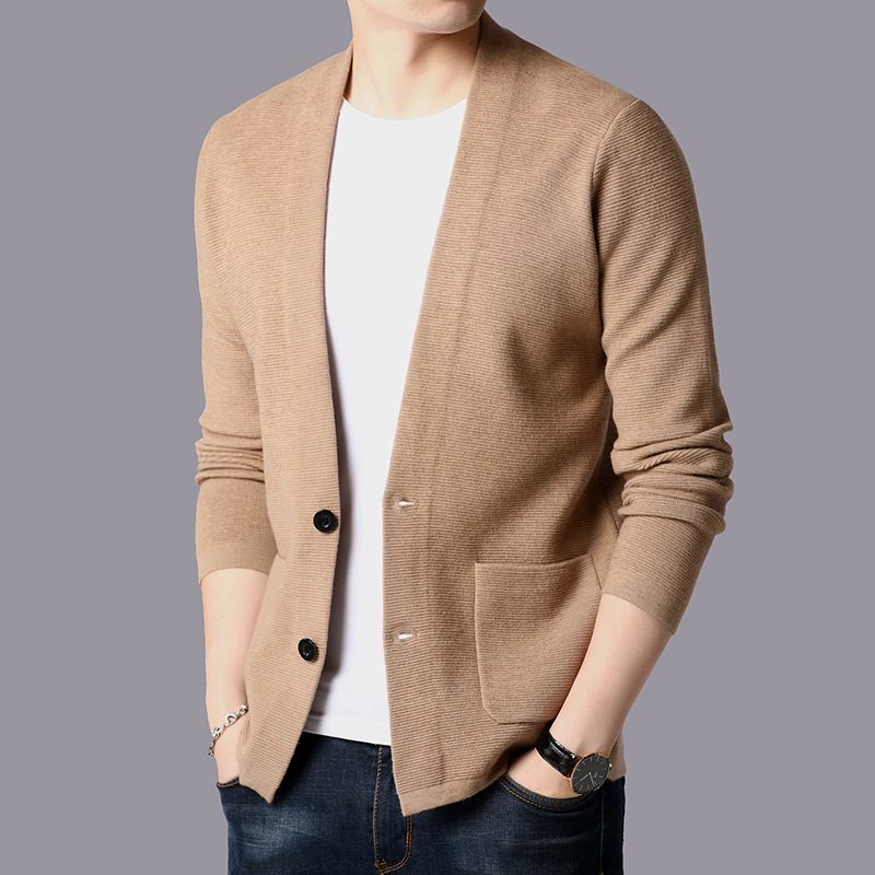 Herre Cardigan Med V-hals Strikk Ensfarget Genser Kort Kåpe