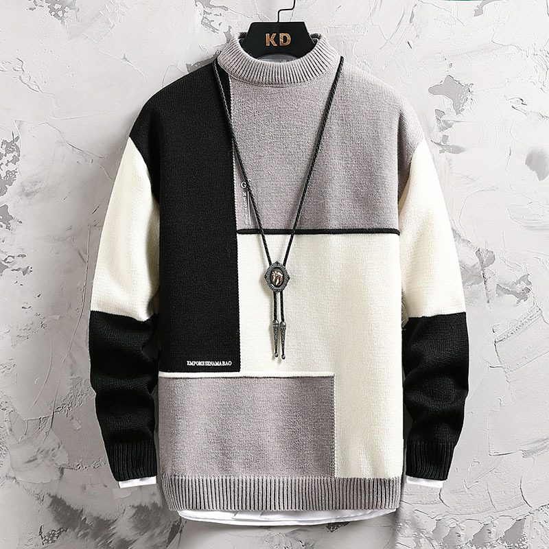 Strikkegenser For Menn Trendy Halv Turtleneck Fargematchende Uformell Løs Pullover